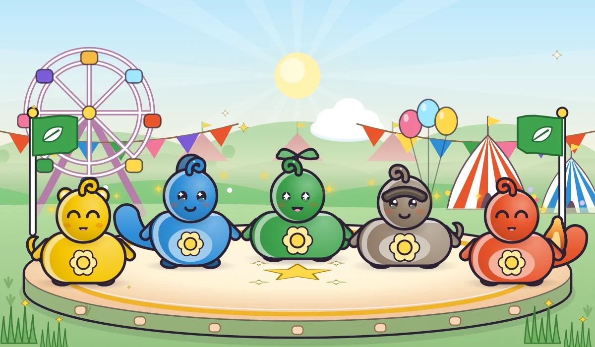 Five round, smiling Maatjie pets in yellow, blue, green, grey and red standing together on a sunny fairground stage.